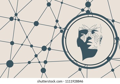 Humanoid robot head. Robotics industry relative image. Molecule and communication technology background. Connected lines with dots.