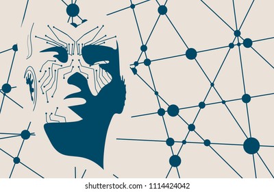 Humanoid robot head. Robotics industry relative image. Molecule and communication technology background. Connected lines with dots.