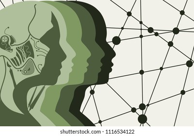 Humanoid robot head. Robotics industry relative image. Scientific design. Teamwork and communication concept. Connected lines with dots.