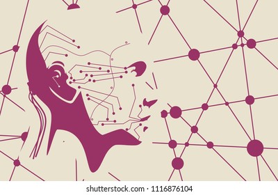 Humanoid robot head. Robotics industry relative image. Molecule and communication technology background. Connected lines with dots.