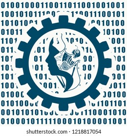 Humanoid robot head. Robotics industry relative image. Binary code on backdrop