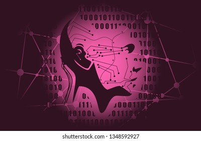 Humanoid robot head. Robotics industry relative image. Binary code on backdrop