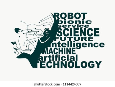 Humanoid robot head with words cloud. Robotics industry relative image.
