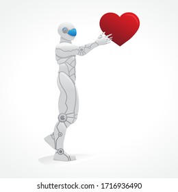 Humanoid robot holding big red heart, vector