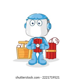 the humanoid robot holding dynamite character. cartoon mascot vector