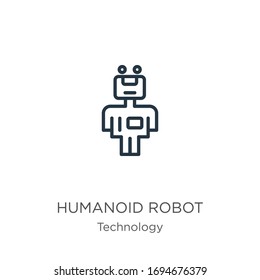 Icono robot humanoide. Icono de contorno de robot humanoide lineal delgado aislado en fondo blanco de la colección de tecnología. Signo vectorial de línea, símbolo para web y móvil