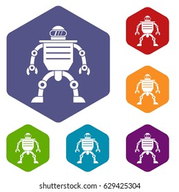 Humanoid robot icons set hexagon isolated vector illustration