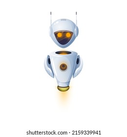 Humanoid robot isolated modern kids toy, white robotic friendly bot. Vector artificial intelligence electronic automaton, space bot, futuristic cyborg digital character with big eyes, flying android