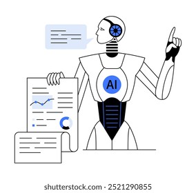 Un robot humanoïde nommé AI examine les graphiques et les tableaux de données sur des écrans numériques. Idéal pour l'intelligence artificielle, l'analyse de données, l'apprentissage automatique, l'enseignement technologique et les concepts futuristes