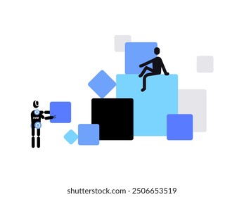 Humanoid robot learning and lifting a weight. Ai and machine learning concept. Flat graphics. Vector file.