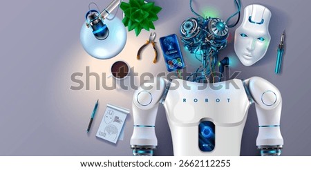 Humanoid robot lies on an engineer assembly table in laboratory. Engineer designs AI brain, programming artificial intelligence or cybernetic brain humanoid robot or cyborg. Robot parts on workplace.