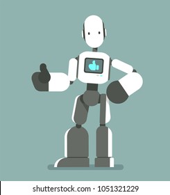 Humanoid robot with like icon. Cute cartoon cyborg shows thumb up. Modern technology, artificial intelligence, Isolated concept flat vector illustration.