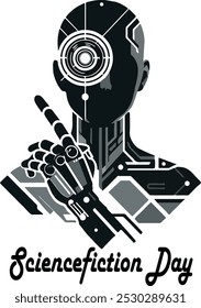 Logotipo del robot humanoide en el Arte vectorial del Día de la Ciencia Ficción