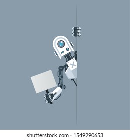 Humanoid robot look out corner with poster in hand artificial intelligence technology science fiction design 3d vector illustration