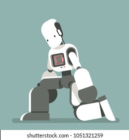 Humanoid robot with low battery icon. Cute cartoon cyborg. Modern technology, artificial intelligence, Isolated concept flat vector illustration.