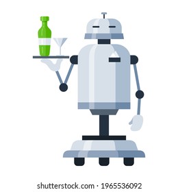 Humanoid robot maid holding bottle, cocktail glass on tray icon. Robot home helper, metal assistant. Anthropomorphous machine is waiter, food server. Vector cartoon illustration isolated on white.