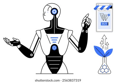 Humanoid robot with mechanical gears, digital shopping cart on mobile and plant growing from lab flask convey futuristic technology. Ideal for AI, e-commerce, biotechnology, innovation, automation