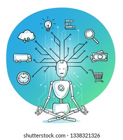 Humanoid robot in meditation pose with several icons connected to its head. Concept for iot, big data or control of artificial intelligence. Hand drawn cartoon sketch vector illustration, colored on m