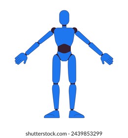 Humanoid robot model 2D linear cartoon character. Engineering bureau machine prototype isolated line vector personage white background. Robotic industry development color flat spot illustration