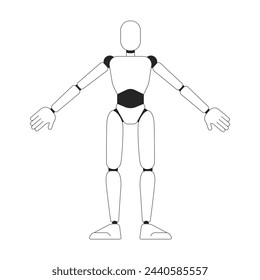 Humanoid robot model black and white 2D line cartoon character. Engineering bureau machine prototype isolated vector outline personage. Robotic industry monochromatic flat spot illustration