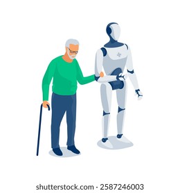 Humanoid robot nurse taking care of old man. Pensioner senior holding hand AI android assisting. Robot helping and supporting senior grandfather. Granddad loneliness, artificial intelligence future.