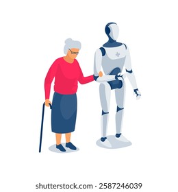 Humanoid robot nurse taking care of old woman. Pensioner senior holding hand AI android assisting. Robot helping and supporting senior grandmother. Grandma loneliness, artificial intelligence future.