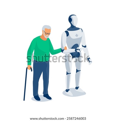 Humanoid robot nurse taking care of old man. Pensioner senior holding hand AI android assisting. Robot helping and supporting senior grandfather. Granddad loneliness, artificial intelligence future.