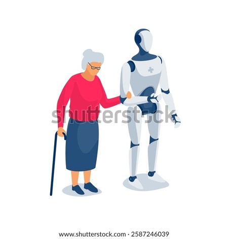 Humanoid robot nurse taking care of old woman. Pensioner senior holding hand AI android assisting. Robot helping and supporting senior grandmother. Grandma loneliness, artificial intelligence future.