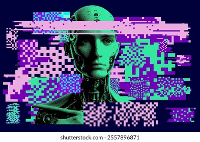 Humanoid robot on a glitchy background with pixel artifacts.