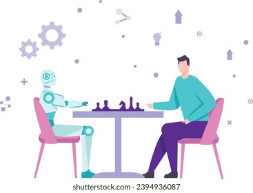 Humanoid robot playing chess with human concept, AI and Automation vector icon design, robotic science symbol, special purpose machine sign, Cyborg stock illustration