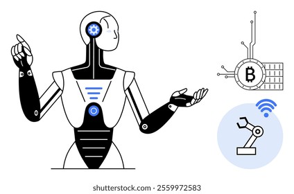 Humanoid robot pointing to a blockchain symbol with interconnected elements and a wireless controlled robotic arm. Ideal for technology, automation, robotics, blockchain, cryptocurrency. Minimalist