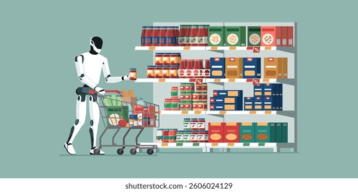 Humanoid robot pushing a full shopping cart and buying groceries at the supermarket