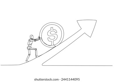 Humanoid robot pushing a large coin with a dollar sign up an incline, symbolizing the effort and challenge associated with increasing financial wealth or income. 