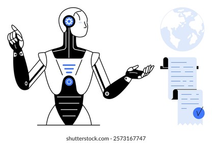 A humanoid robot with raised arm gestures stands next to a document with a checkmark and a globe. Ideal for technology, artificial intelligence AI automation, data analysis, global connection