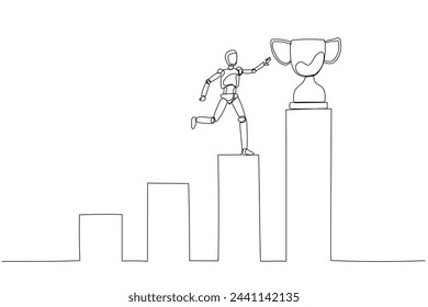 humanoid robot reaching out towards a trophy placed on the highest pedestal among a series of varying heights. This composition symbolizes achievement or victory after overcoming challenges