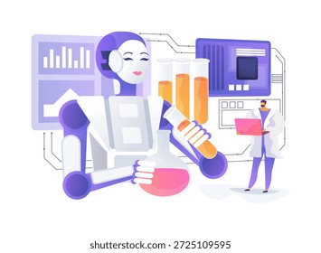 Ilustración vectorial de concepto abstracto del laboratorio de investigación de robots humanoides. El humanoide de grado de investigación realiza tareas complejas y adapta movimientos en el entorno del laboratorio.