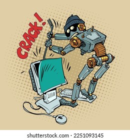 A humanoid robot robber and a thief in a cap hacks into your computer. The problem of security and authentication in the digital space. Attack of hackers on your system.