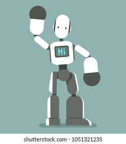 Humanoid robot says hi. Cute cartoon cyborg. Modern technology, artificial intelligence, Isolated concept flat vector illustration.