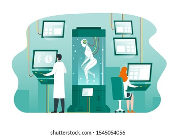 Humanoid robot in science laboratory with scientist working on computer. Artificial intelligence technology concept