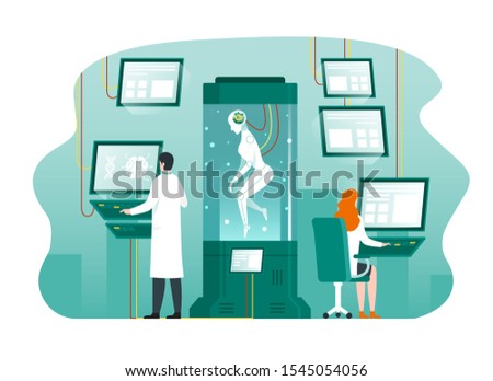 Humanoid robot in science laboratory with scientist working on computer. Artificial intelligence technology concept