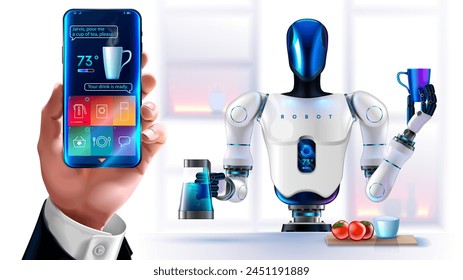 Humanoid robot servant pours tea at request of human. An AI robot does housework. The robot cook in kitchen holds cup, teapot in his hand. Humanoid anthropomorphic robot with artificial intelligence.