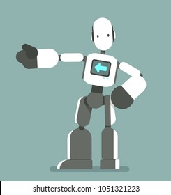 Humanoid robot shows the right way. Cute cartoon cyborg. Modern technology, artificial intelligence, Isolated concept flat vector illustration.
