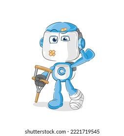 the humanoid robot sick with limping stick. cartoon mascot vector