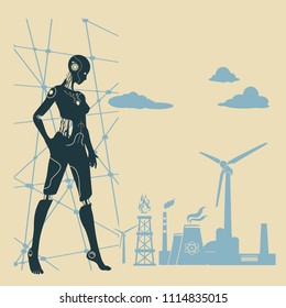 Humanoid robot silhouette and industrial icons. Robotics industry relative image.