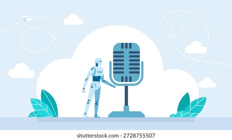 Robot humanoide cantando con micrófono. Concepto de asistente digital. Asistente virtual, inteligencia artificial, tecnología inteligente. Asistente de voz. Símbolo de estudio de grabación. Ilustración vectorial