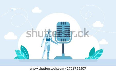 Humanoid robot singing with microphone. Digital Assistant Concept. Virtual Assistant, artificial intelligence, smart technology. Voice assistant. Recording Studio Symbol. Vector illustration