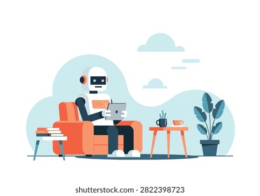 Humanoid Robot Sitting in Armchair Using Tablet Flat Vector Design