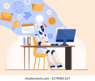 A humanoid robot sitting at a desk using a computer, surrounded by icons like a calendar, globe, and gears, on a light background. Concept of AI productivity. Vector illustration