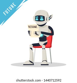 Humanoid robot sitting on chair, holding resume and waiting job interview. Modern technology and artificial intelligence in office. Android, bot recruitment. Vector cartoon isolated on white.