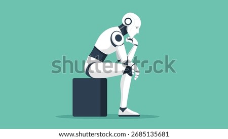 Humanoid robot sitting in thinker pose, symbol of philosophy, technology, future, intelligence, reflection, human and machine concept, modern society metaphor, vector flat illustration